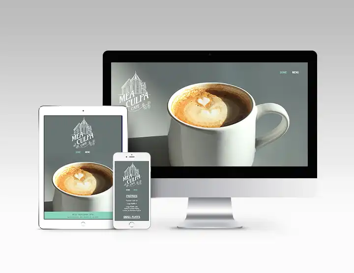 Mea Culpa Cafe Website Mockup on Desktop, iPad and iPhone